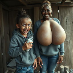 In an abandoned poor shack, a 19-year-old malnourished evil-looking blonde dwarf with blue eyes holds a baby bottle, her eyes wide and manic as she screams and smiles