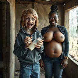 In an abandoned poor shack, a 19-year-old malnourished evil-looking blonde dwarf with blue eyes holds a baby bottle, her eyes wide and manic as she screams and smiles