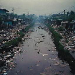 A dimly lit, winding road with sparsely placed homes on the left side, punctuated by a smattering of garbage. A murky canal stretches alongside the road, exuding an aura of desolation.