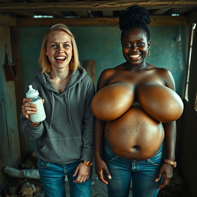 In an abandoned poor shack, a 19-year-old malnourished evil-looking blonde woman with blue eyes holds a baby bottle, her eyes wide and manic as she screams and smiles