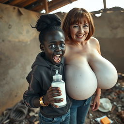In a dilapidated abandoned shack, a small and sinister 19-year-old African woman with very dark skin holds a baby bottle filled with milk
