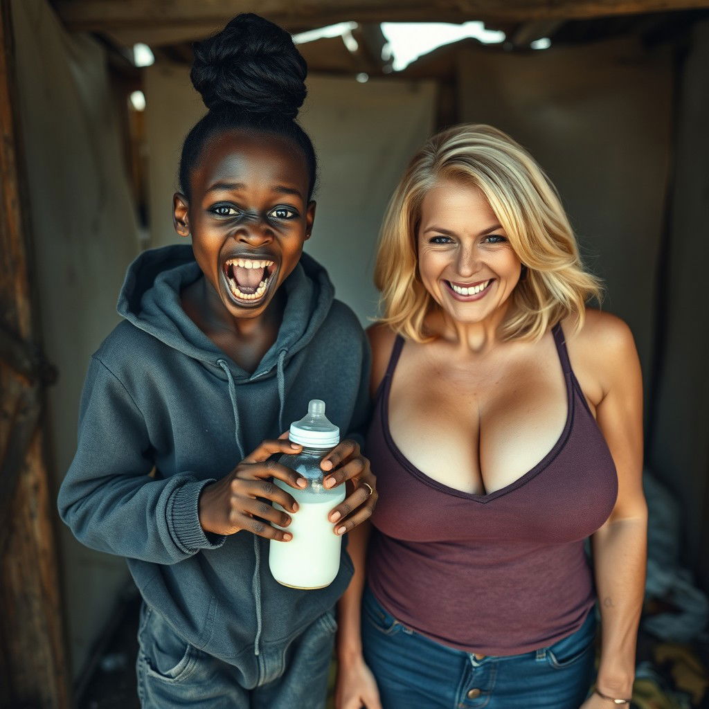 In an abandoned, rundown shack, a striking scene features a malnourished 19-year-old African woman with very dark skin