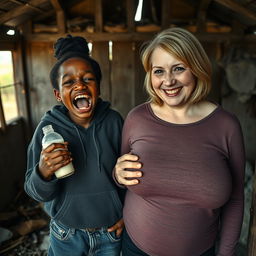 In an abandoned, rundown shack, a striking scene features a malnourished 19-year-old African woman with very dark skin
