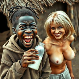 In a poor African village, a vivid and surreal scene is depicted