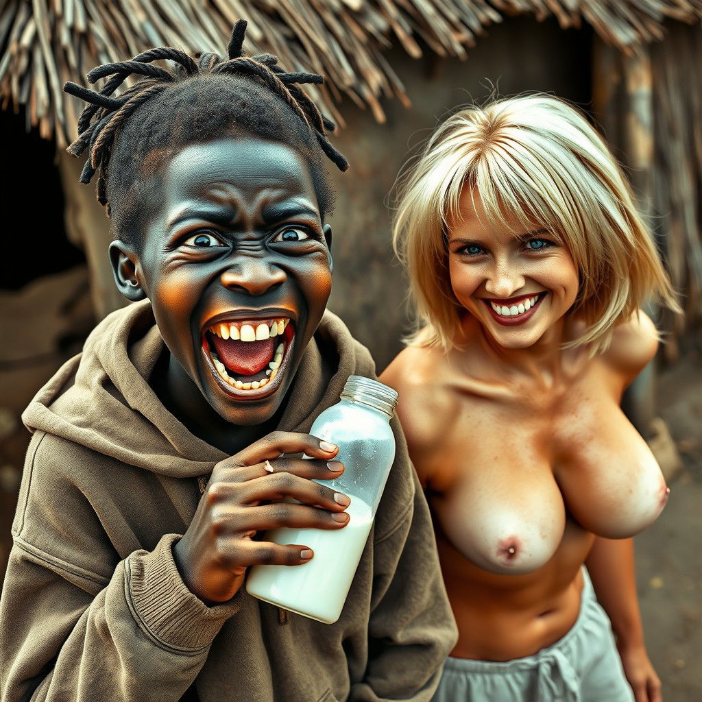 In a poor African village, a vivid and surreal scene is depicted