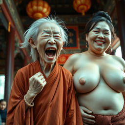 Inside a Chinese temple, a dramatic scene unfolds featuring a very short, malnourished 50-year-old Chinese woman, with extremely thin stature and pale skin