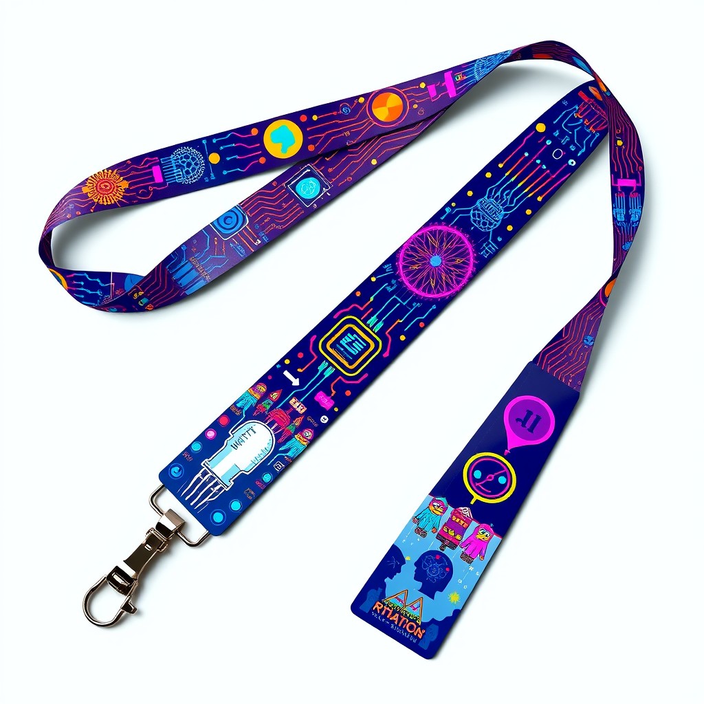 A bright and colorful lanyard featuring motifs of artificial intelligence, including images of circuit patterns, artificial neural networks, and digital brains