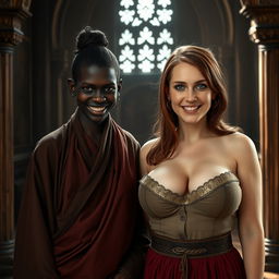 Inside a noble medieval chamber, a sinister young African woman, 19 years old, stands with an evil smile