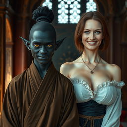 Inside a grand medieval noble chamber, a sinister young African woman, 19 years old, stands with an evil smirk