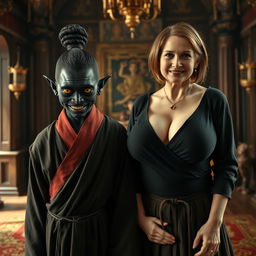 Inside a lavish medieval noble chamber, a sinister young African woman, 19 years old, stands with a wicked smile