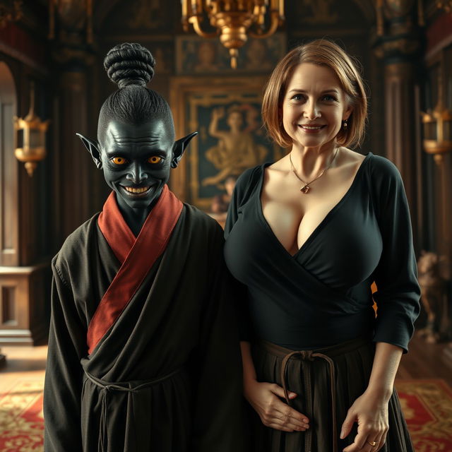 Inside a lavish medieval noble chamber, a sinister young African woman, 19 years old, stands with a wicked smile