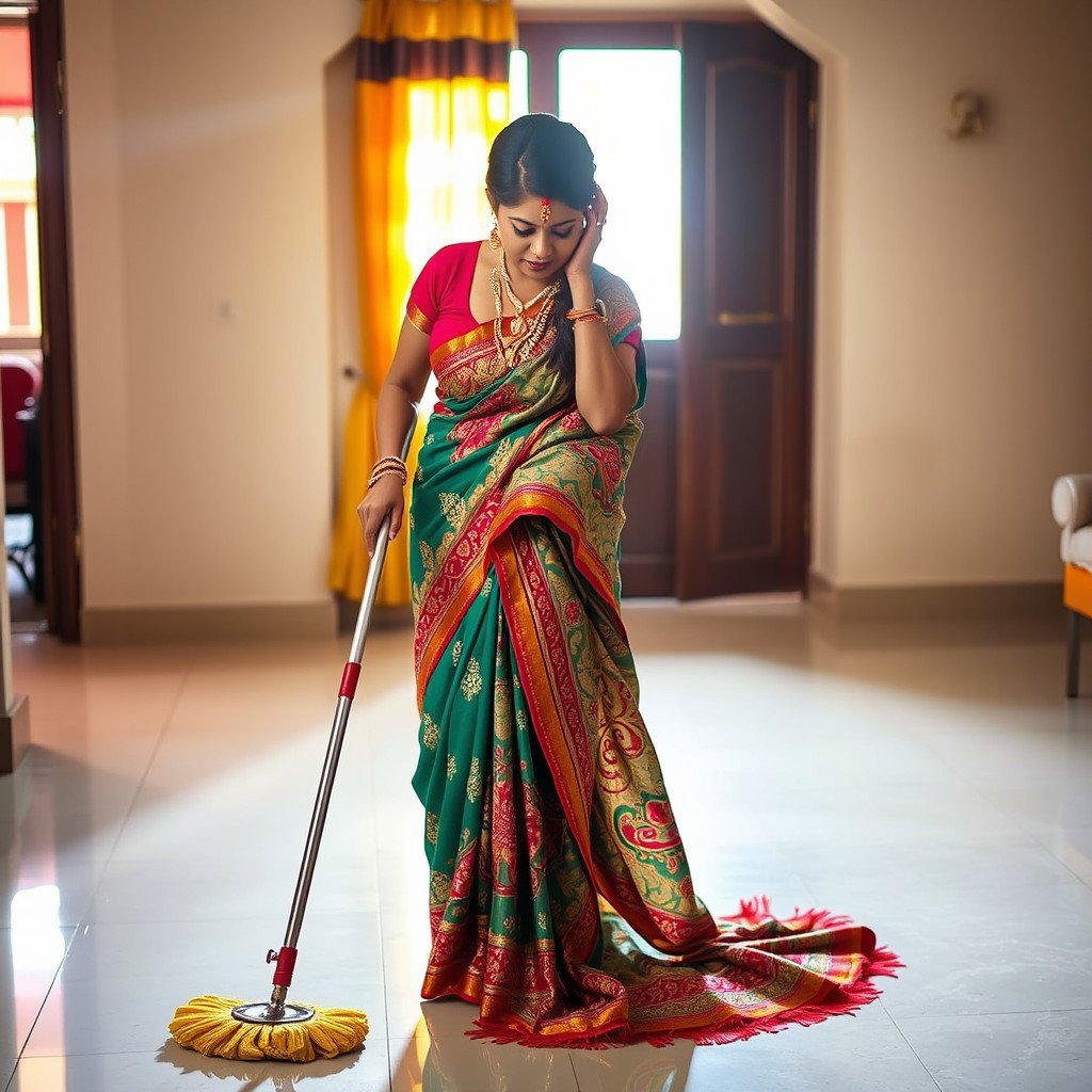 An Indian maid wearing a colorful saree, gracefully mopping the floor by hand