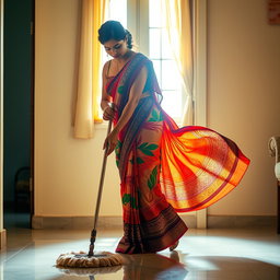 An Indian maid wearing a colorful saree, gracefully mopping the floor by hand