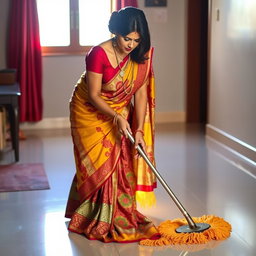 An Indian maid wearing a colorful saree, gracefully mopping the floor by hand