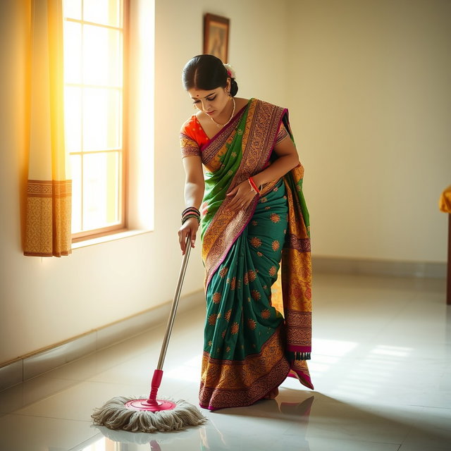An Indian maid wearing a colorful saree, gracefully mopping the floor by hand