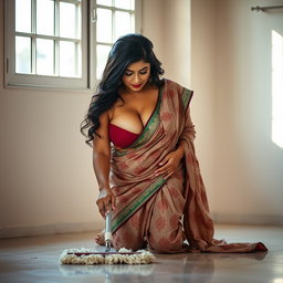 An Indian maid with a voluptuous figure, wearing a beautifully patterned saree, kneeling on the floor while mopping