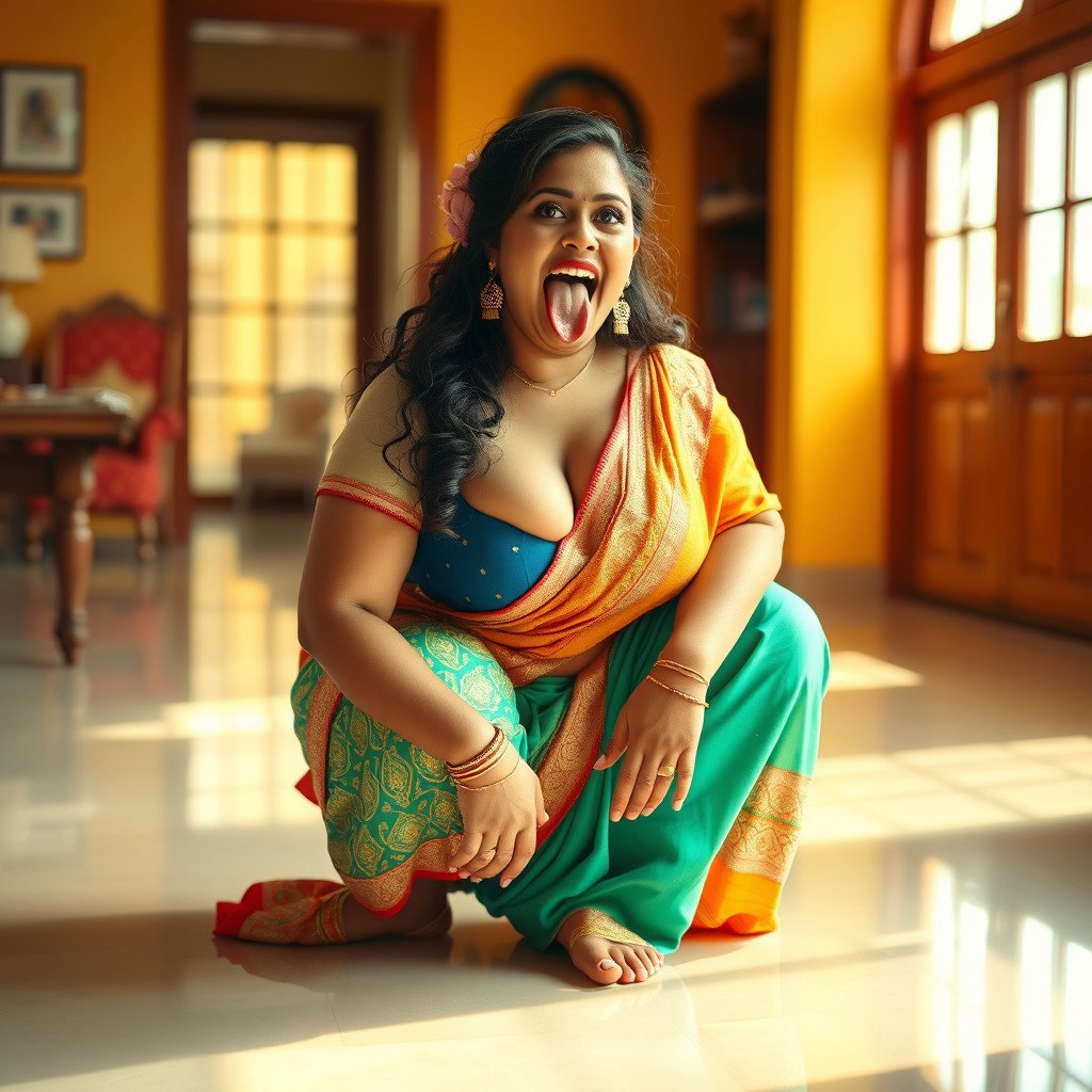 An Indian maid with a voluptuous figure, wearing a colorful saree, squatting on the floor