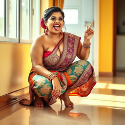 An Indian maid with a voluptuous figure, wearing a colorful saree, squatting on the floor