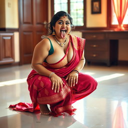An Indian maid with a voluptuous figure, wearing a colorful saree, squatting on the floor