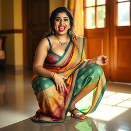 An Indian maid with a voluptuous figure, wearing a colorful saree, squatting on the floor