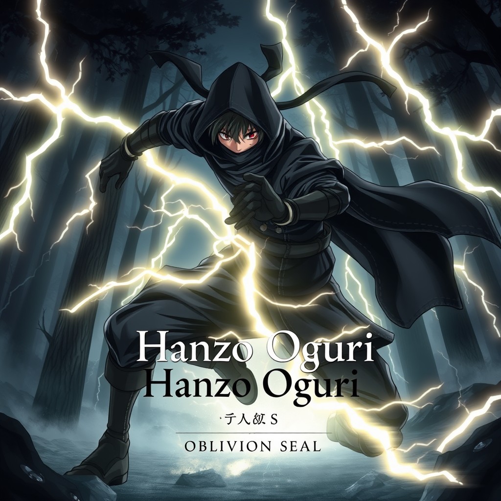 A powerful anime character, Levi Ackerman as a ninja, surrounded by an aura of shadows and dramatic lightning effects