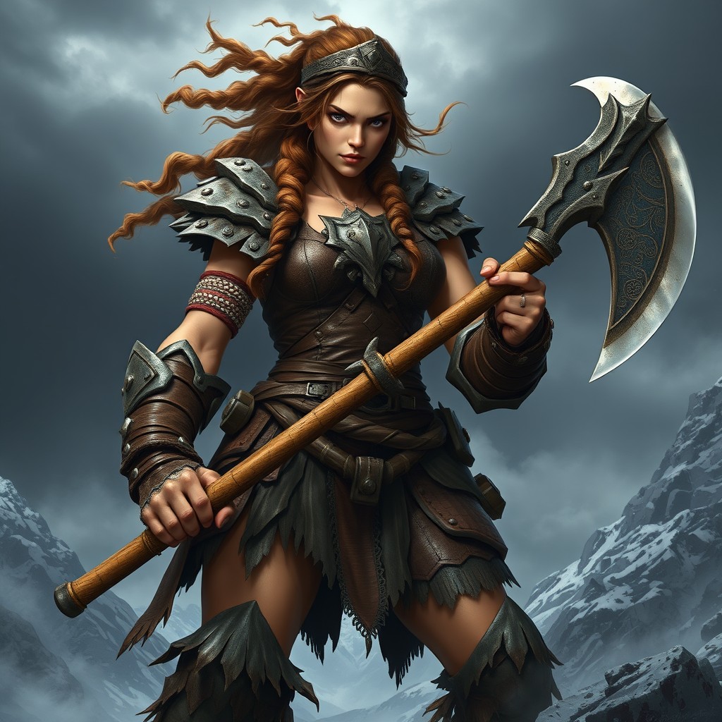 A fierce female Goliath barbarian warrior, towering in stature with a muscular physique, adorned in rugged leather armor that emphasizes her strength