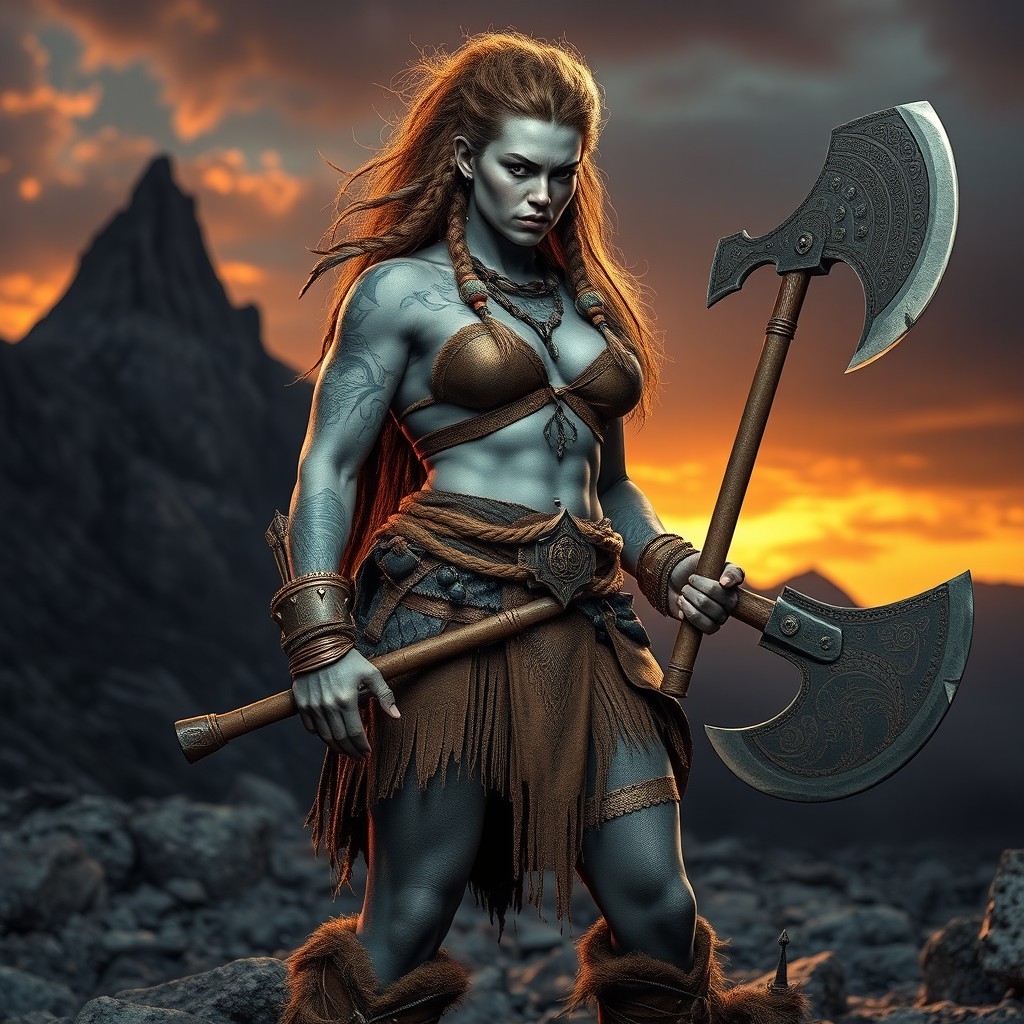 A strong female Goliath barbarian standing confidently in a rugged, mountainous terrain