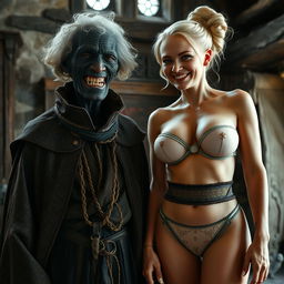 In a medieval room, featuring a blend of fantasy and dark elements, an old, emaciated Black African woman aged 40, with very dark skin, is depicted