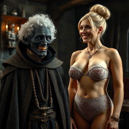 In a medieval room, featuring a blend of fantasy and dark elements, an old, emaciated Black African woman aged 40, with very dark skin, is depicted