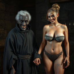 In a medieval room filled with rich textures and shadows, an old, emaciated Black African woman, around 35 years old, is portrayed with very dark skin, short stature, and curly white hair
