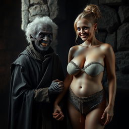 In a medieval room filled with rich textures and shadows, an old, emaciated Black African woman, around 35 years old, is portrayed with very dark skin, short stature, and curly white hair