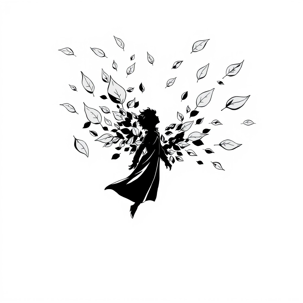 A black and white comic-style illustration on a white background depicting flying leaves gracefully gathering together to form the silhouette of a human figure dressed in a long coat
