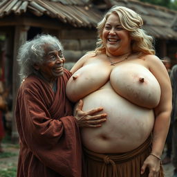 In a medieval village, a 22-year-old African woman, appearing malnourished with decayed teeth and curly white hair, is dressed in a long, fully closed Buddhist robe