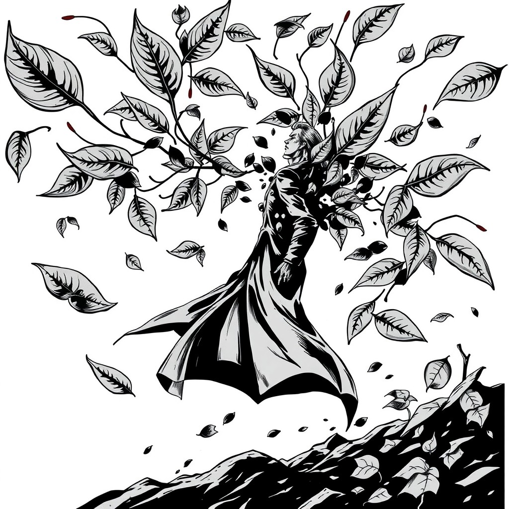 A dramatic black and white comic art style illustration on a white background, featuring flying leaves swirling together to form a human figure wearing a long coat