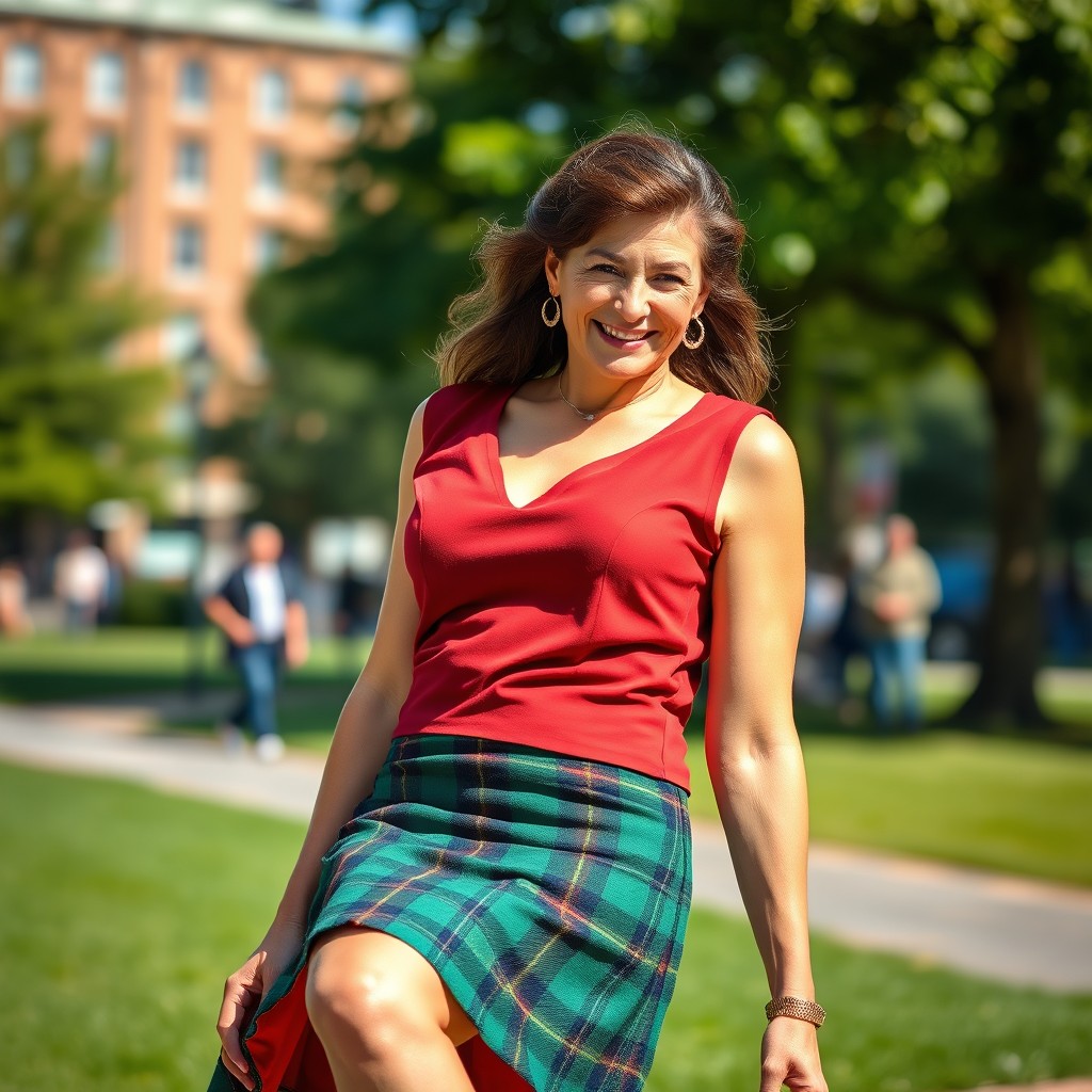 A stunning 55-year-old woman exuding elegance and confidence, wearing a short, lifted Scottish kilt that showcases her legs
