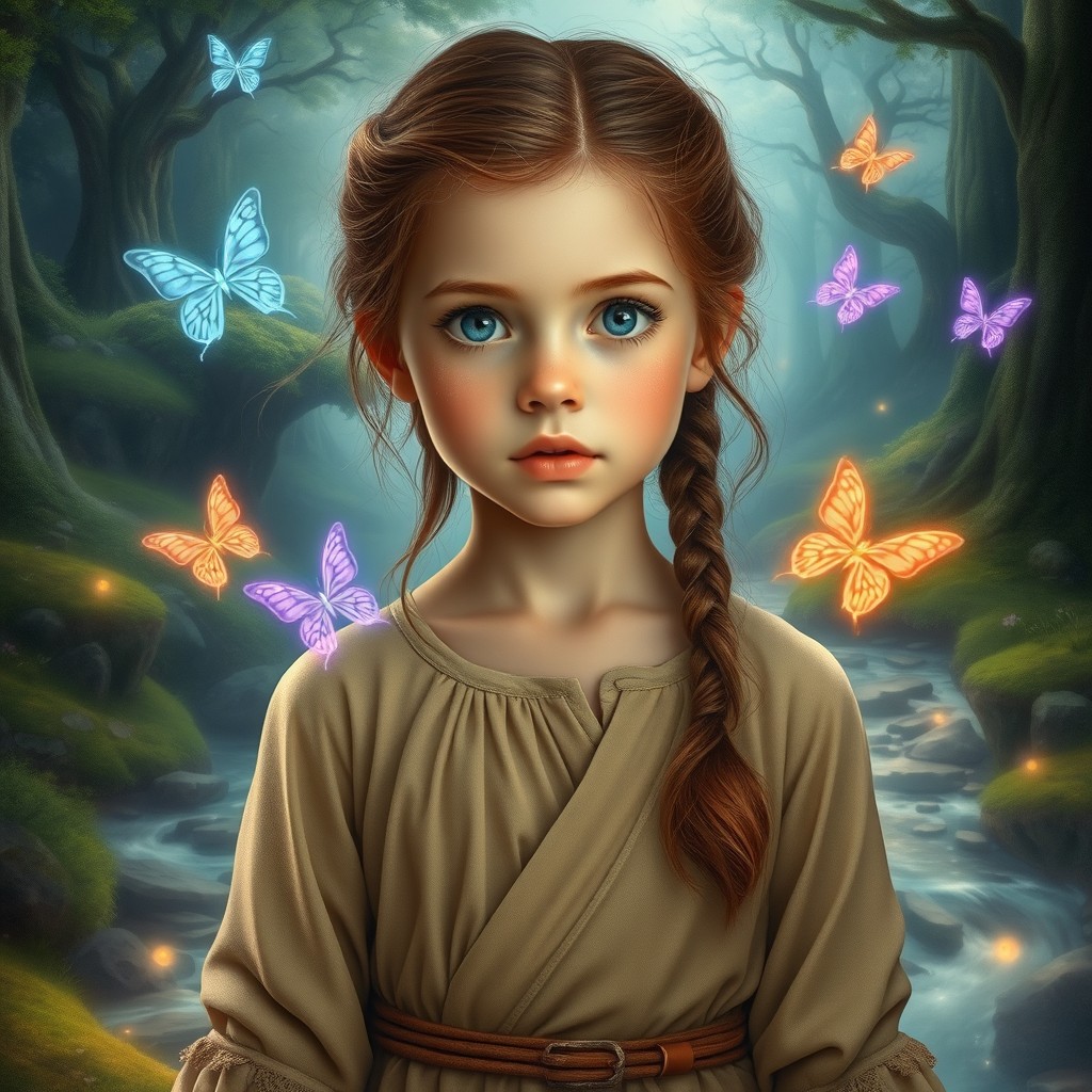 A young girl with enchanting features, standing in a mystical setting, showcasing her magical ability of spoken words