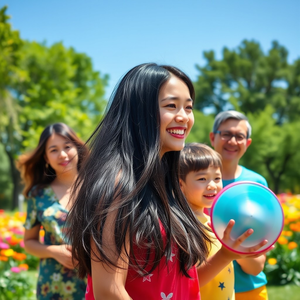A joyful family gathering scene featuring a young woman with long, flowing black hair and a warm smile, surrounded by her family in a vibrant, picturesque park