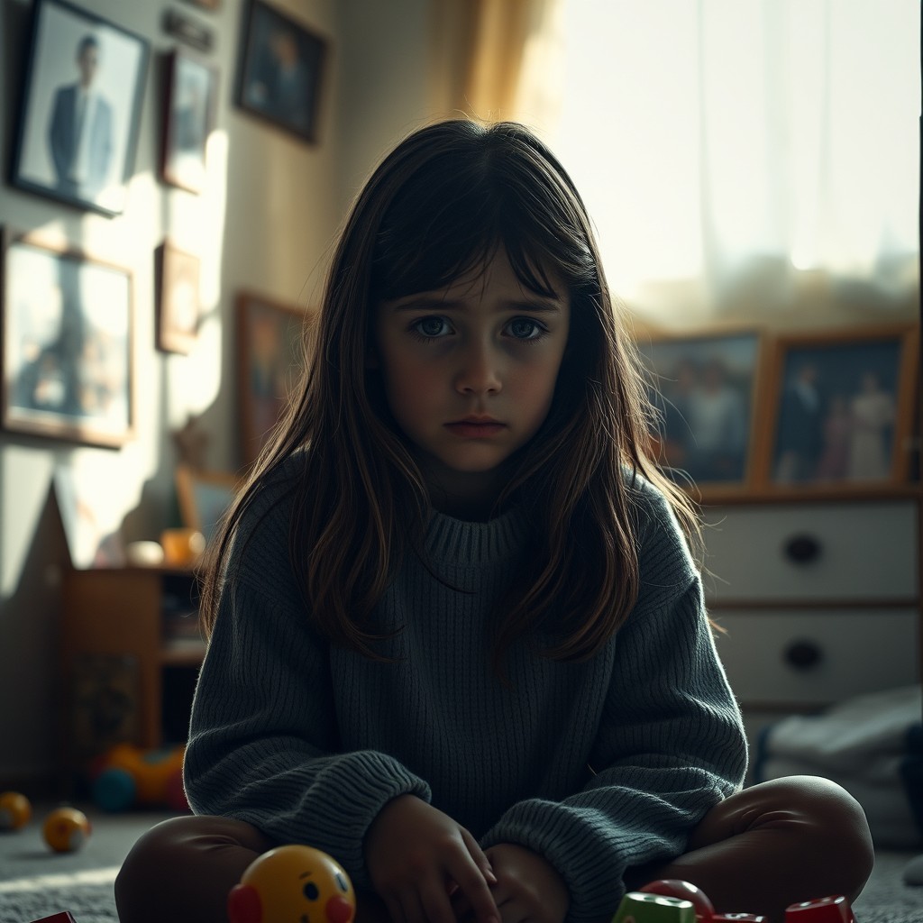 A sad young girl sitting alone in a dimly lit room, her expression filled with sorrow