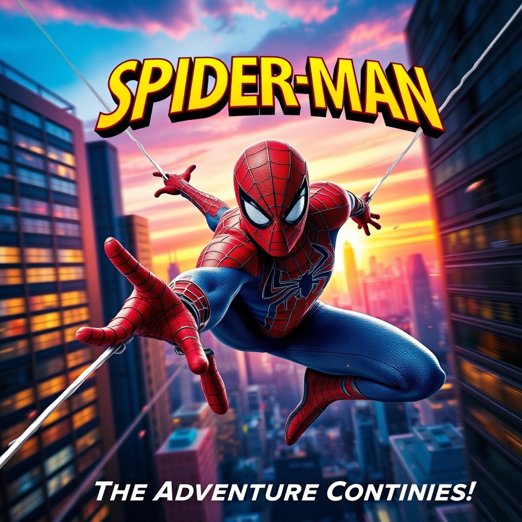 A vibrant, dynamic movie poster featuring Spiderman in an action-packed pose