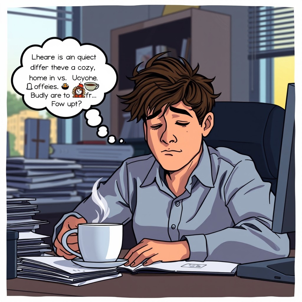 A sleepy office worker, seated at his desk, with tousled hair and slightly closed eyes, contemplating his choices