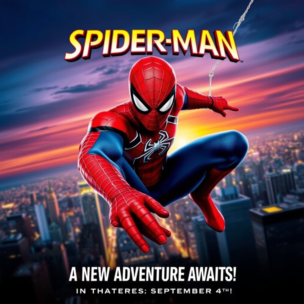 A vibrant, dynamic movie poster featuring Spiderman in an action-packed pose