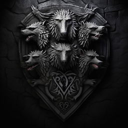 Realistic dark grey stone background with a central emblem of the three-headed mythical dog Cerberus, illustrated in the style of a Game of Thrones house sigil, reminiscent of House Targaryen's emblem.