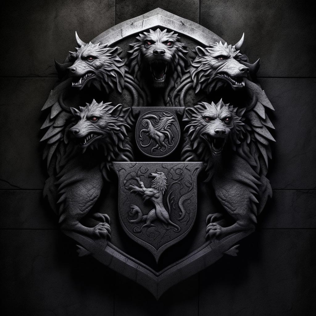 Realistic dark grey stone background with a central emblem of the three-headed mythical dog Cerberus, illustrated in the style of a Game of Thrones house sigil, reminiscent of House Targaryen's emblem.