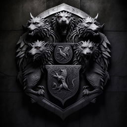 Realistic dark grey stone background with a central emblem of the three-headed mythical dog Cerberus, illustrated in the style of a Game of Thrones house sigil, reminiscent of House Targaryen's emblem.