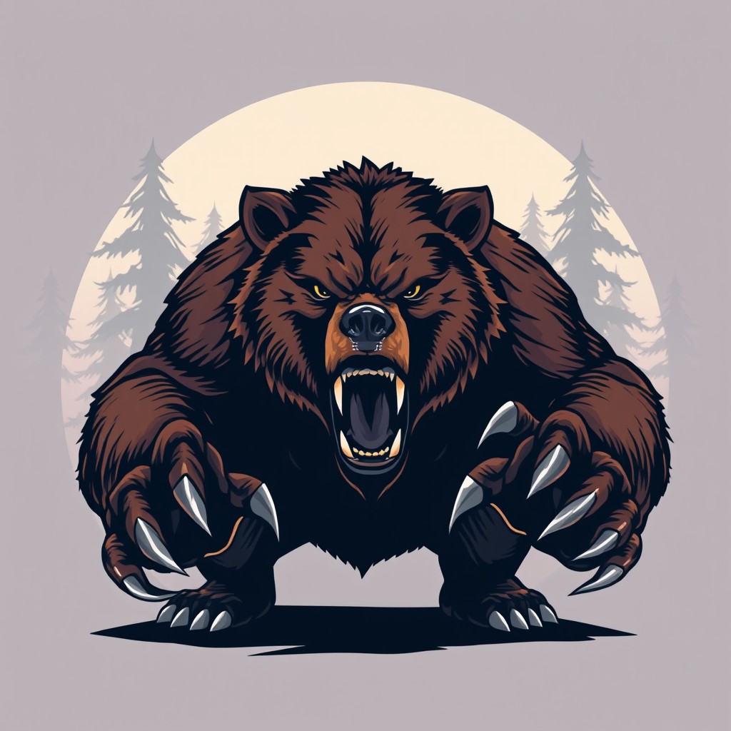 A fierce bear designed for a T-shirt, showcasing an aggressive and powerful stance, with sharp claws and an intense expression