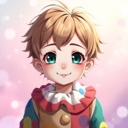 An anime clown boy with light brown hair and dark green-blue eyes, wearing relatively thin and colorful clown clothes