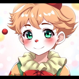 An anime clown boy with light brown hair and dark green-blue eyes, wearing relatively thin and colorful clown clothes