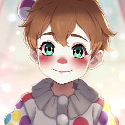 An anime clown boy with light brown hair and dark green-blue eyes, wearing relatively thin and colorful clown clothes