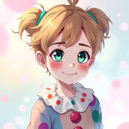 An anime clown boy with light brown hair and dark green-blue eyes, wearing relatively thin and colorful clown clothes