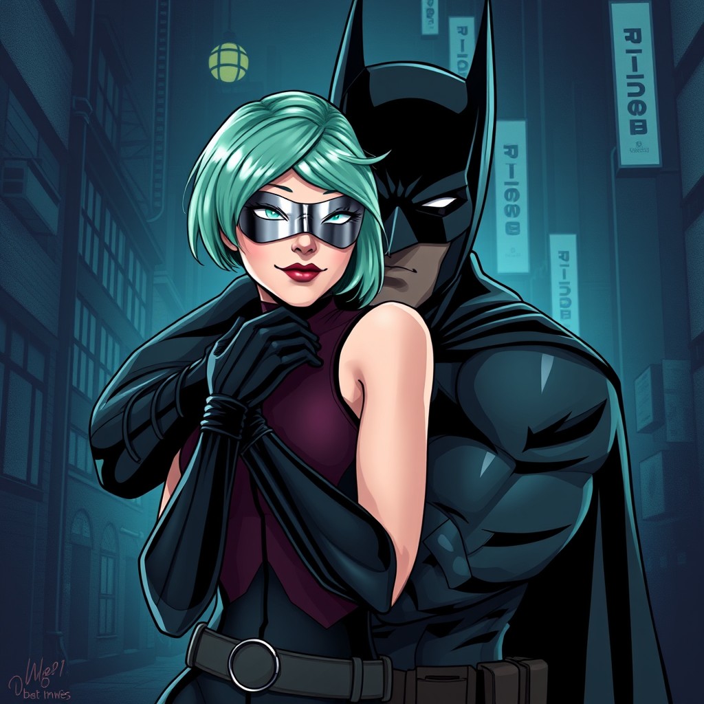 A striking illustration of a new vigilante hero embracing Batman in the shadowy, evocative streets of Gotham City